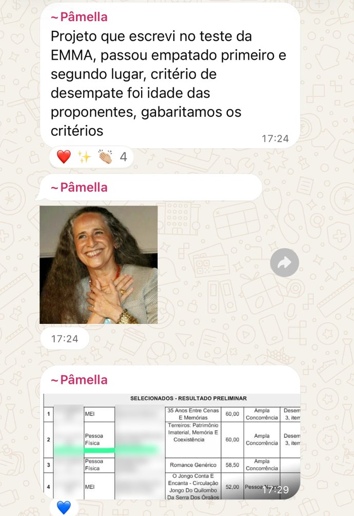 Print de mensagem de Pâmella no grupo do Clube Emma com o resultado preliminar da PNAB, projeto selecionado com nota 60